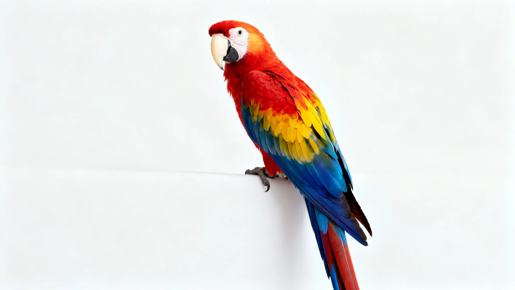 A stunning, photorealistic image of a vibrant Scarlet Macaw parrot with red, yellow, and blue feathers, perched against a plain white background.