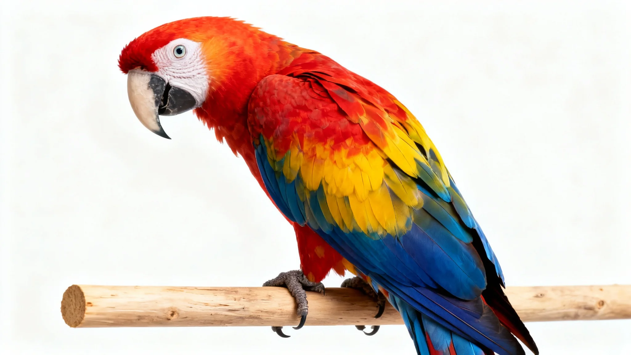 A hyper-realistic studio photo of a vibrant Scarlet Macaw parrot with brilliant red, yellow, and blue feathers, perched on a simple wooden rod against a solid white background.