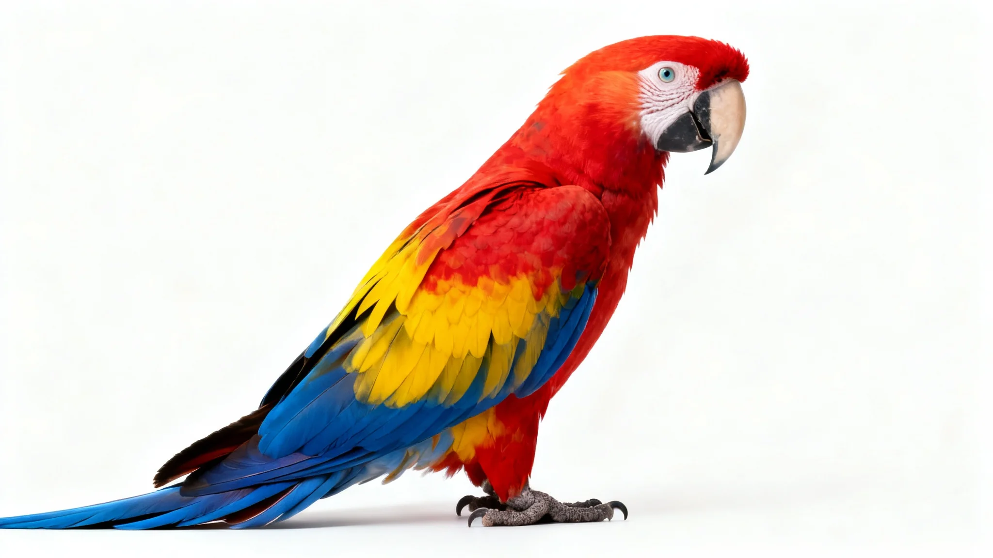 A photorealistic image of a vibrant Scarlet Macaw parrot with red, yellow, and blue feathers, perched and viewed from the side against a solid white background.