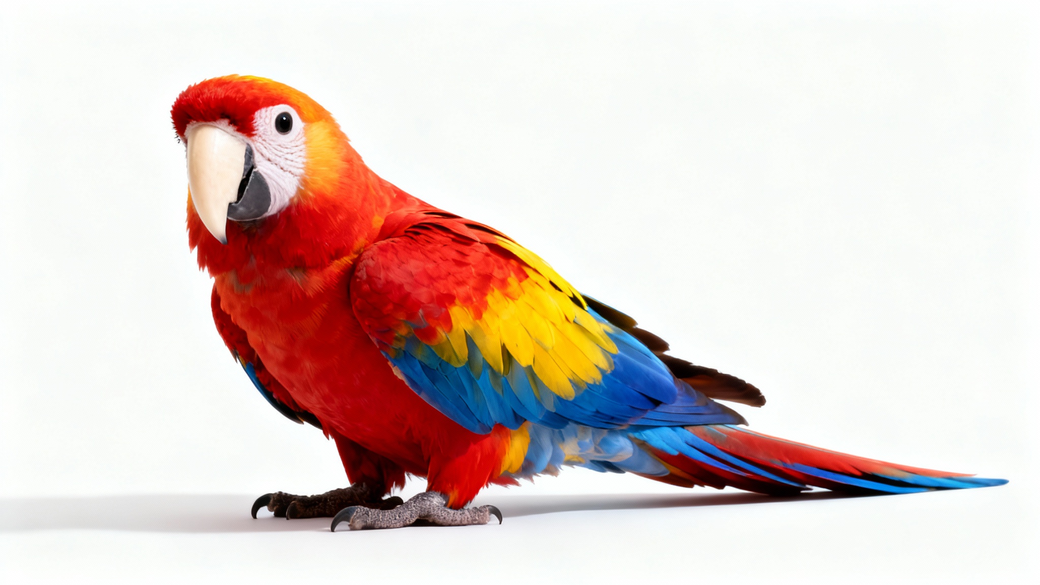 A stunning, photo-realistic image of a vibrant Scarlet Macaw parrot with red, yellow, and blue feathers, perched against a solid white background in a studio setting.