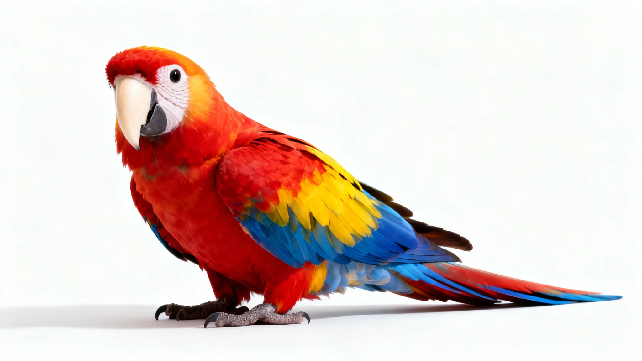 A stunning, photo-realistic image of a vibrant Scarlet Macaw parrot with red, yellow, and blue feathers, perched against a solid white background in a studio setting.