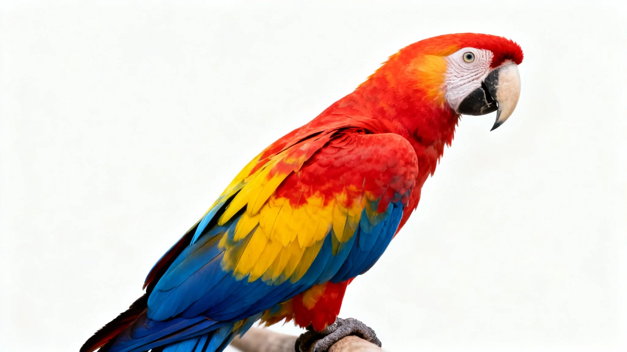 A stunning, photorealistic image of a Scarlet Macaw parrot with vibrant red, yellow, and blue feathers, shown in full against a solid white background.