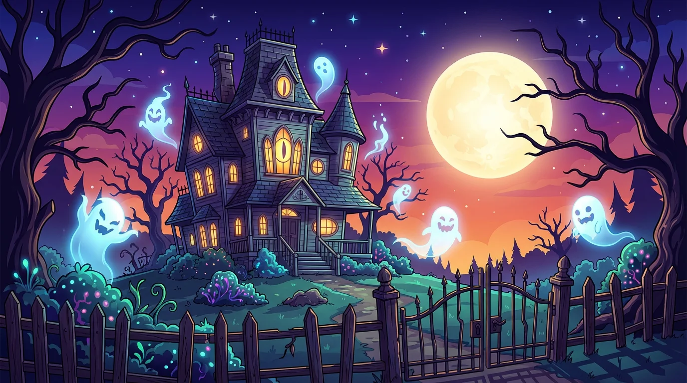 A vibrant cartoon illustration of a haunted house at twilight. A tall, crooked house with glowing yellow windows sits under a large full moon, with cute, wispy ghosts floating in the yard.