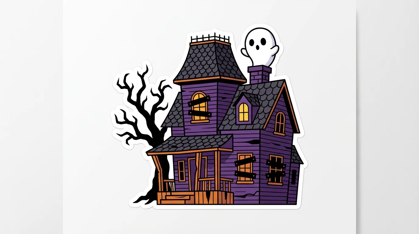 A cartoon illustration of a purple haunted house with a glowing window and a friendly ghost floating out of the chimney, isolated on a white background.