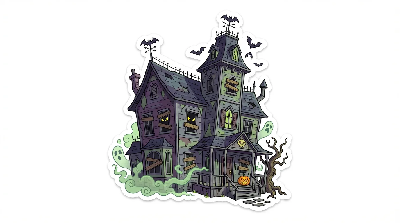 A fun and spooky cartoon illustration of a haunted Victorian mansion with glowing eyes, bats, and a jack-o'-lantern, isolated on a white background.
