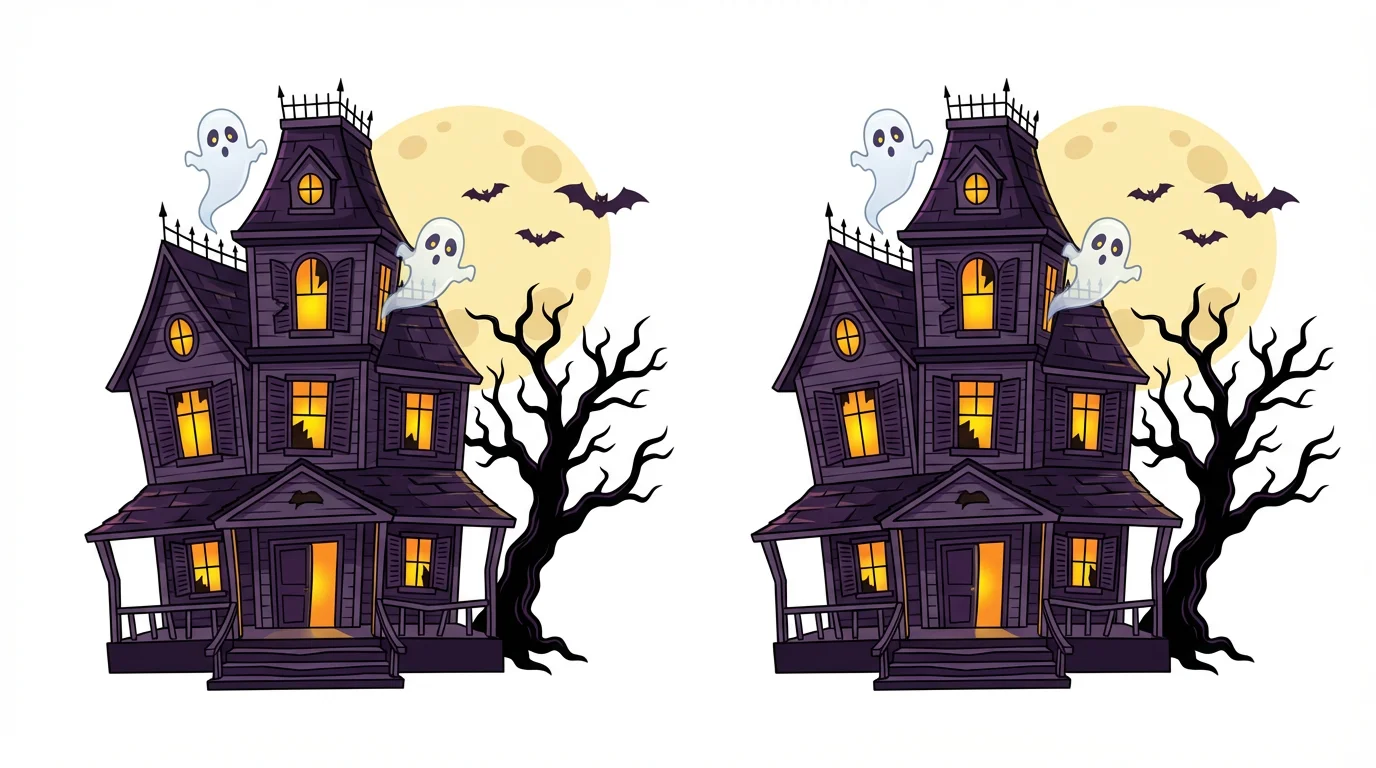 A fun and spooky cartoon of a purple haunted house with glowing windows and friendly ghosts floating around it, set against a full moon on a white background.