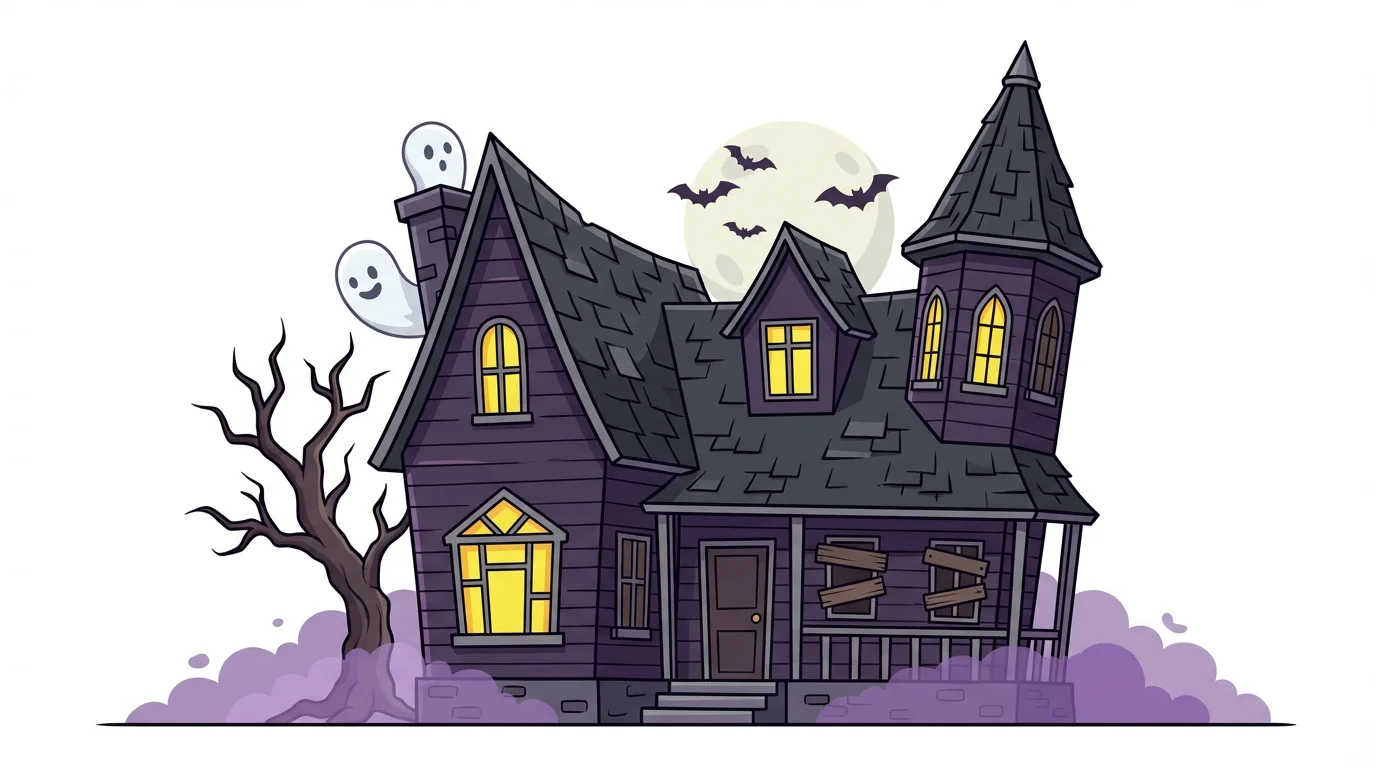 A cartoon illustration of a spooky purple haunted house with glowing yellow windows and two friendly ghosts, set against a white background.