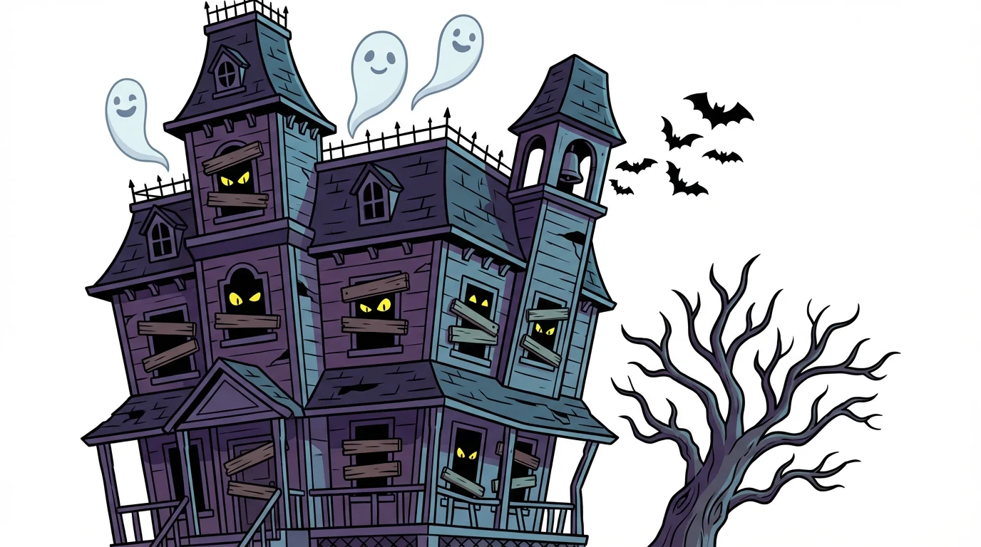 A cartoon illustration of a spooky purple haunted house with friendly ghosts and bats, isolated on a clean white background.