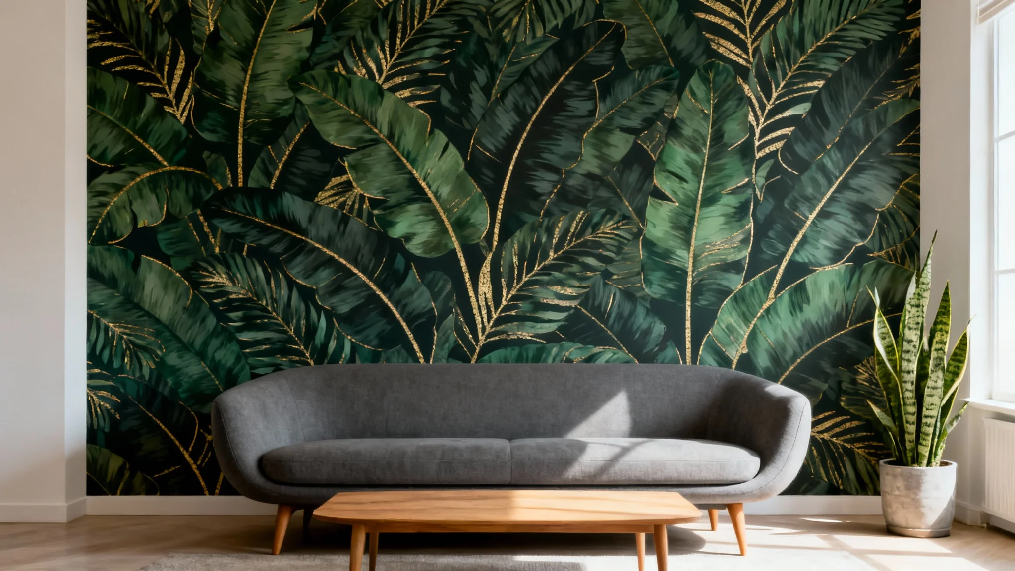 A beautifully decorated modern living room with a stylish grey sofa. An accent wall behind the sofa features a chic wallpaper with a pattern of large green tropical leaves and gold details.