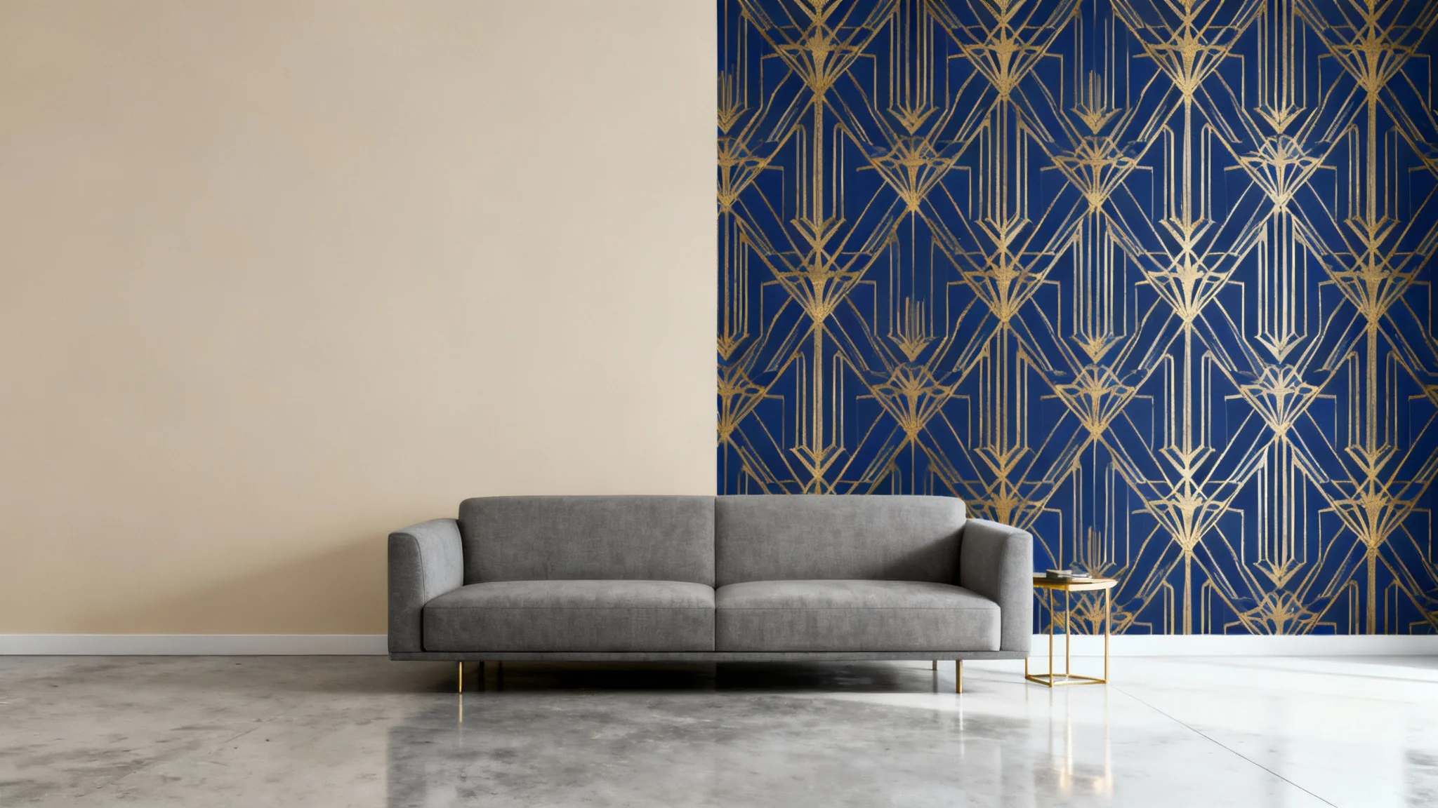 A mockup of a modern living room demonstrating a wallpaper visualizer. The main wall is split in half, showing a plain beige side and a side with vibrant, geometric art deco wallpaper.