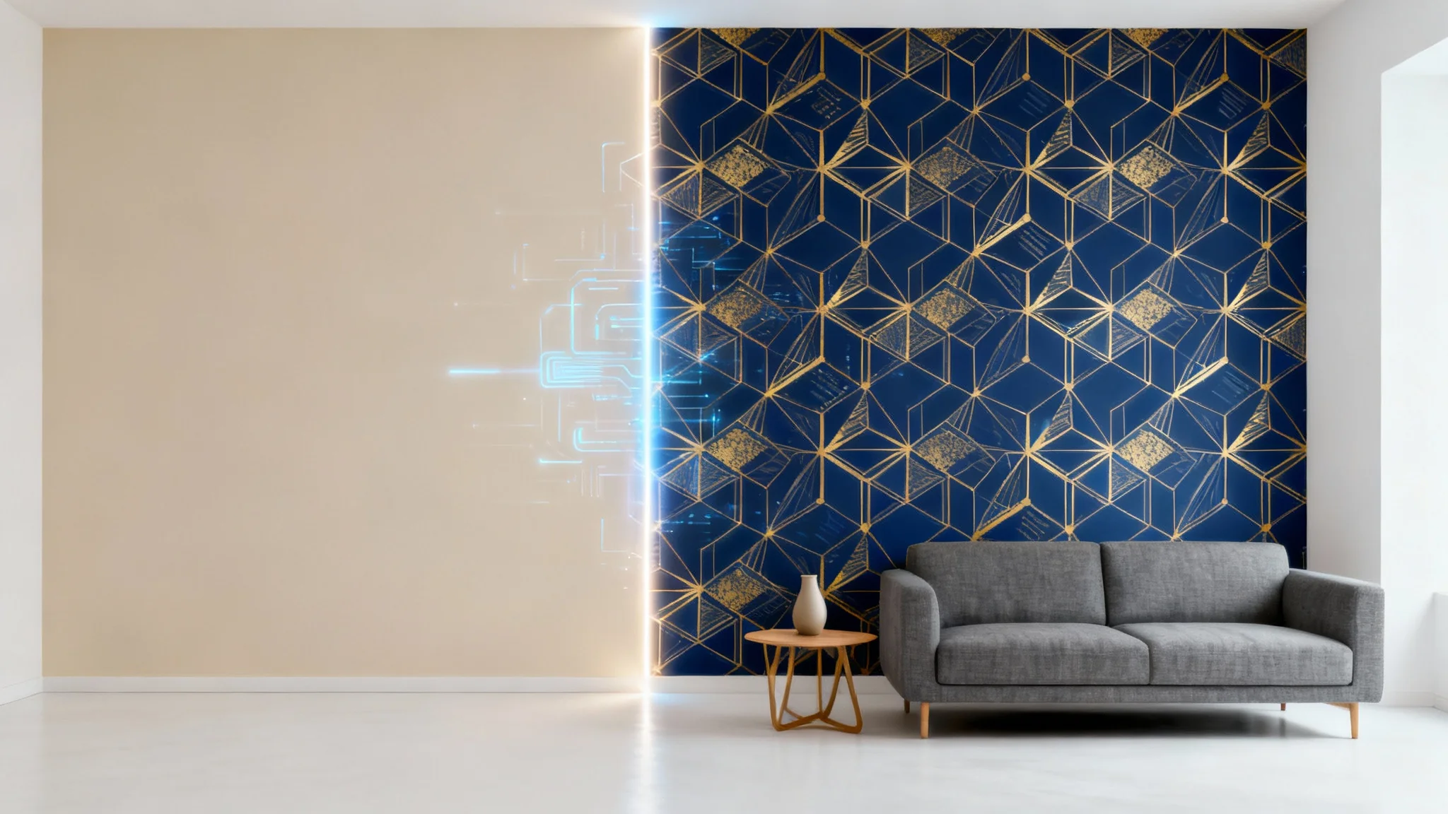 A mockup of a modern living room demonstrating a wallpaper visualizer. Half of the main wall is plain beige, while the other half is covered in an elegant navy and gold geometric wallpaper pattern.