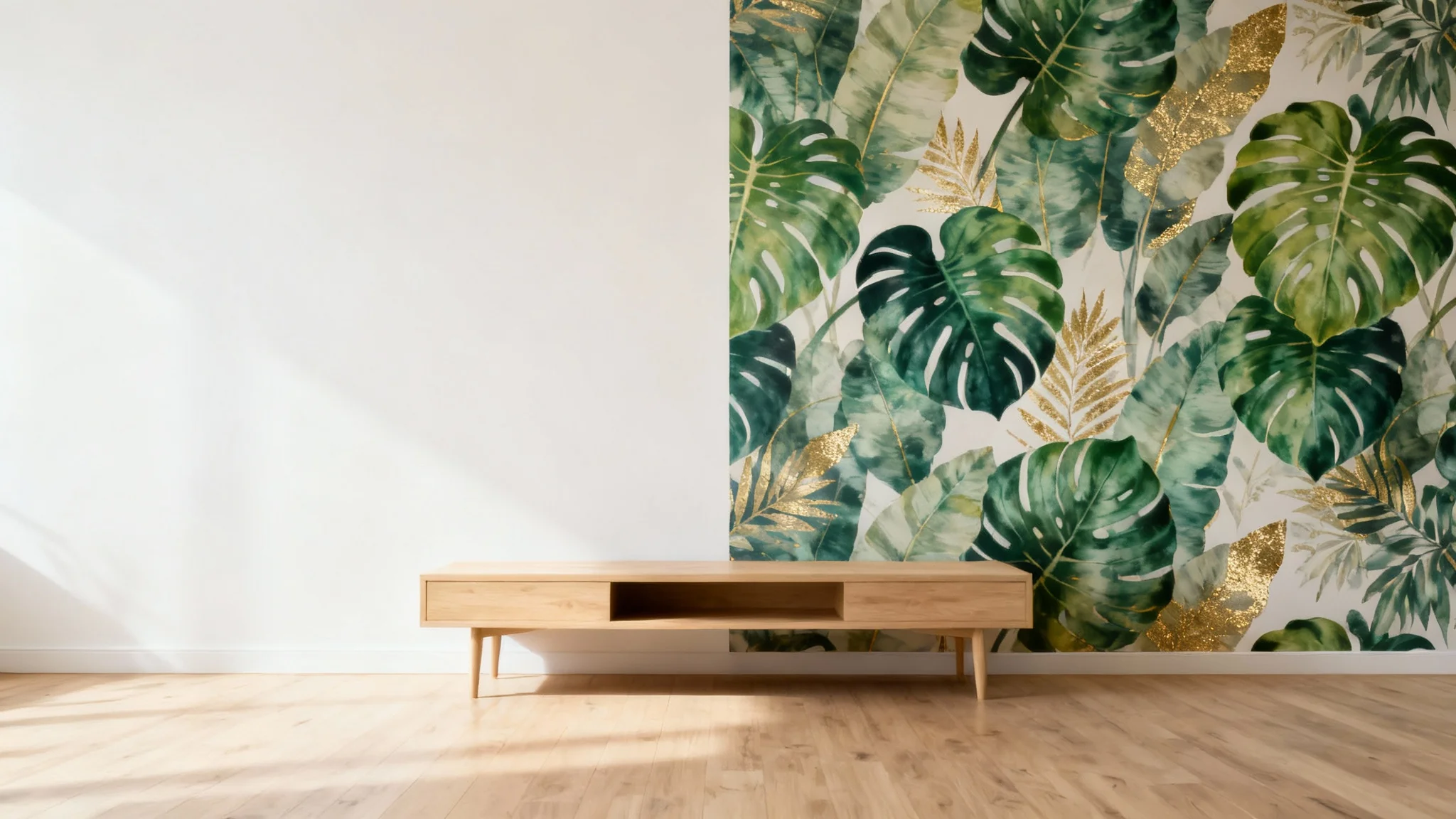 A modern living room showcasing a wallpaper visualizer effect, with a single wall split between a plain off-white side and a side with lush green botanical wallpaper.