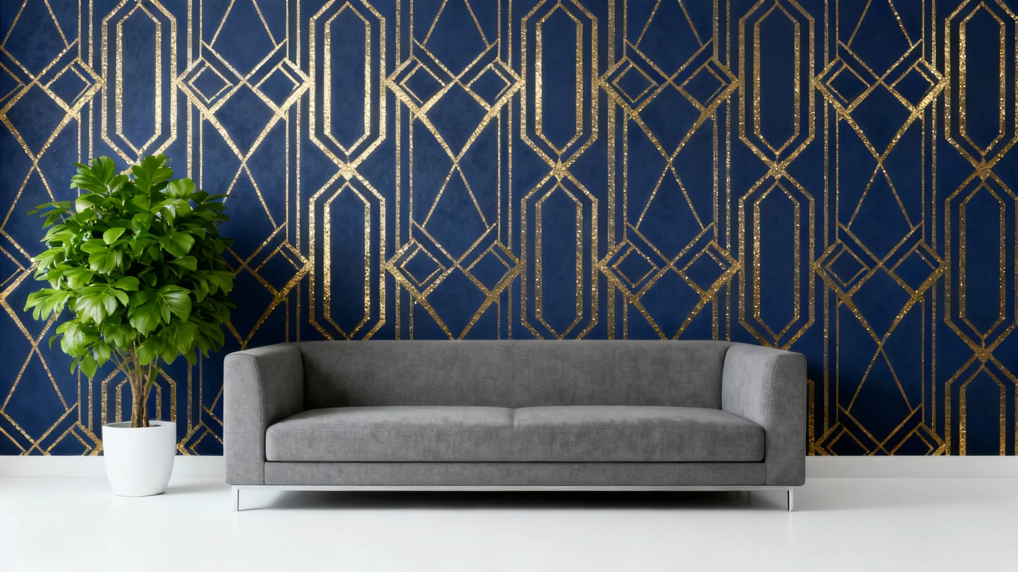 A mockup of a modern living room showcasing an art deco geometric wallpaper on an accent wall behind a gray sofa, demonstrating a wallpaper visualizer.