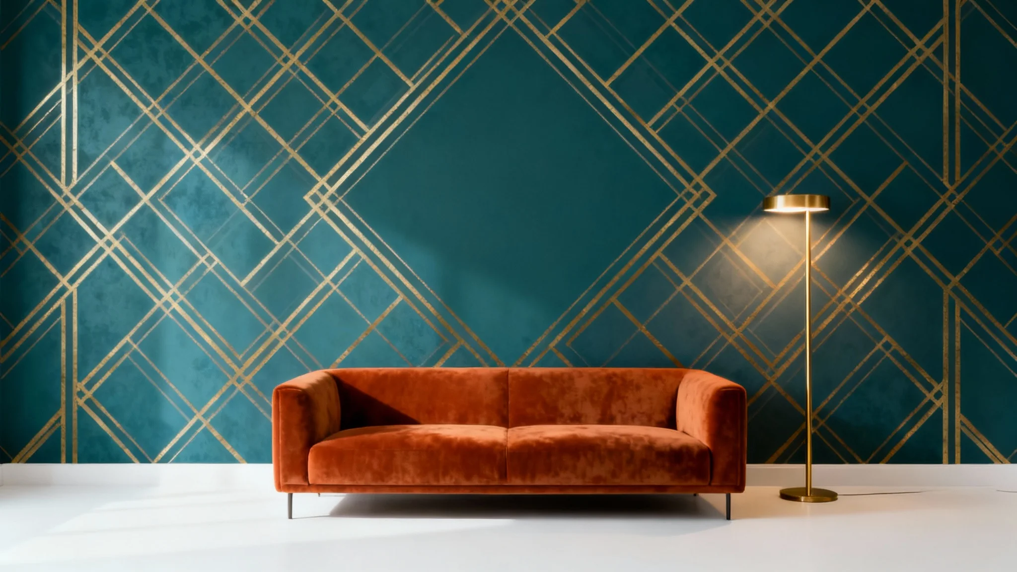 A photorealistic mockup of a modern living room featuring a stylish accent wall with geometric teal and gold wallpaper, demonstrating the result of a wallpaper visualizer.