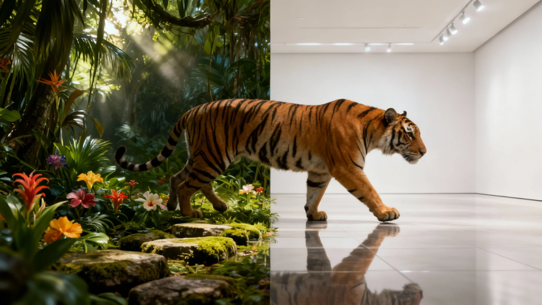 A surreal hero image showing the result of an image combiner tool: a majestic tiger walks from a lush jungle environment on the left directly into a sterile, white, futuristic art gallery on the right, with the two scenes blended seamlessly down the middle.