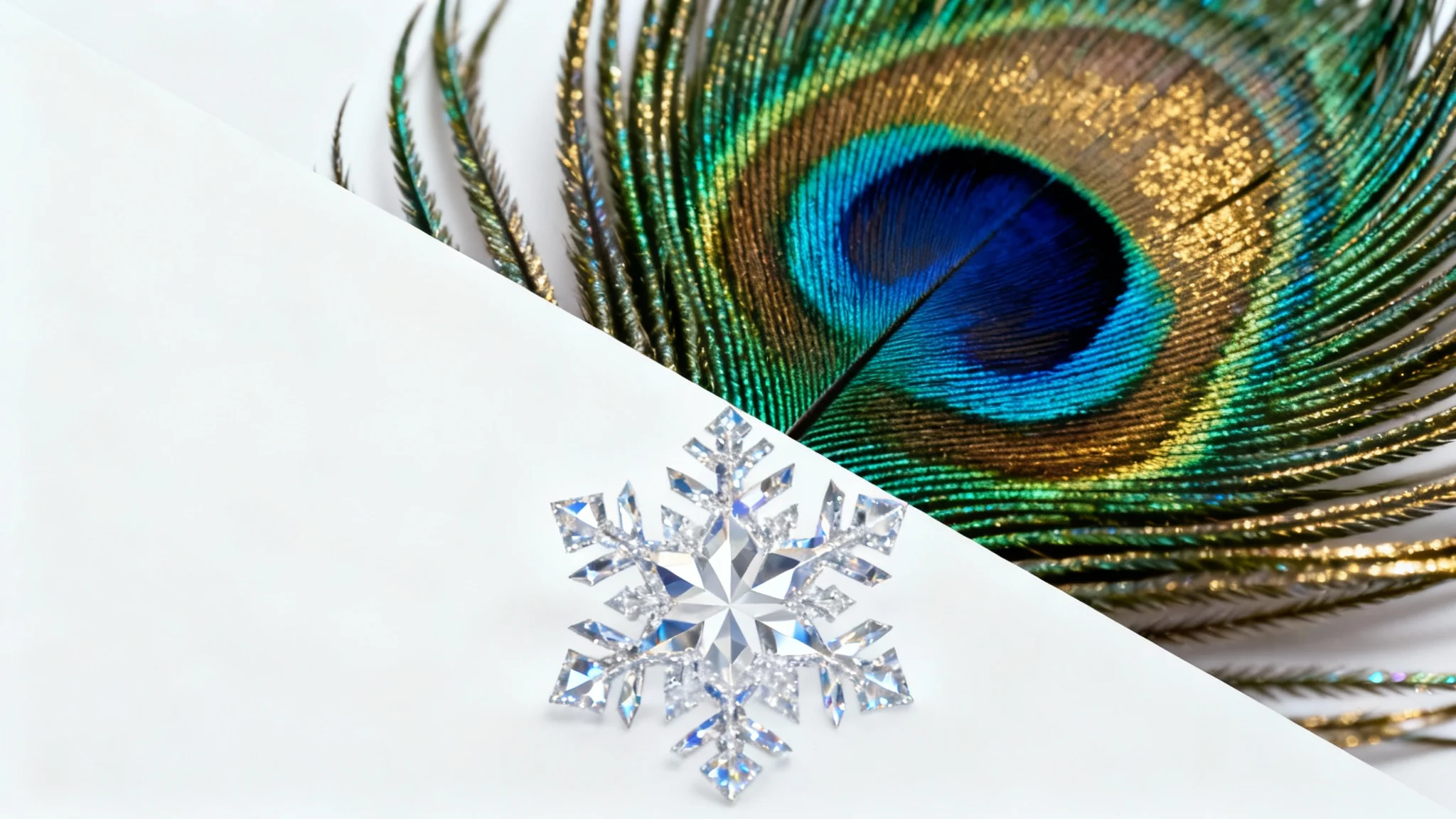 A conceptual image representing an image combiner, showing a square photo split diagonally. One half is a vibrant peacock feather, and the other half is a detailed snowflake, seamlessly merged into one picture.