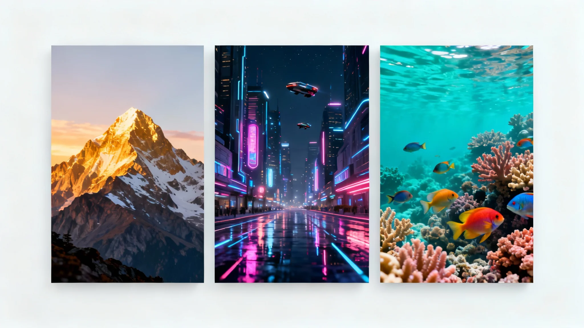 A single image composed of three different vertical scenes combined seamlessly: a mountain at sunrise, a futuristic city at night, and an underwater coral reef, demonstrating an image combiner tool.