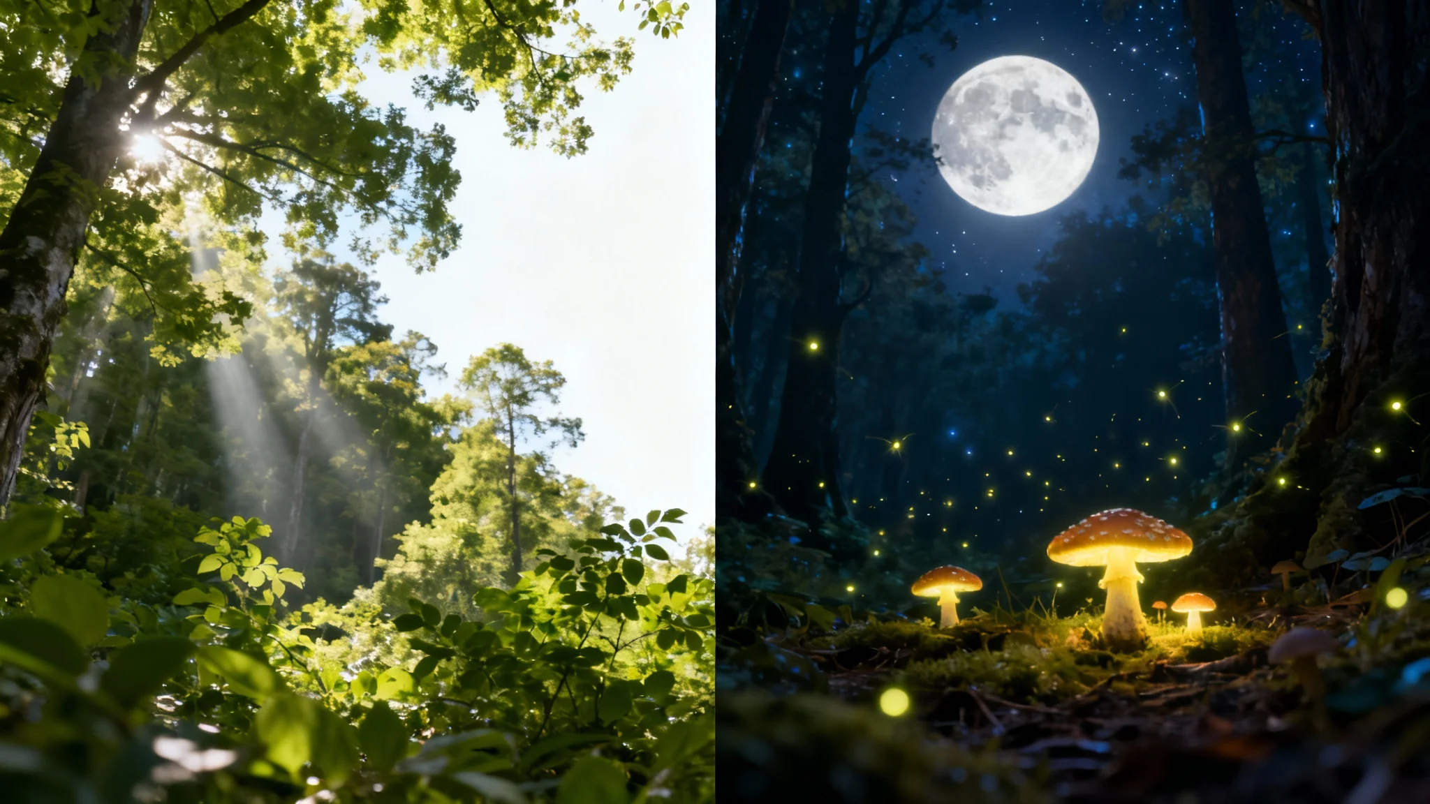 A split image perfectly divided in the middle; the left side shows a sunlit forest, and the right side shows the same forest at night with a full moon and glowing fireflies, representing an image combiner.