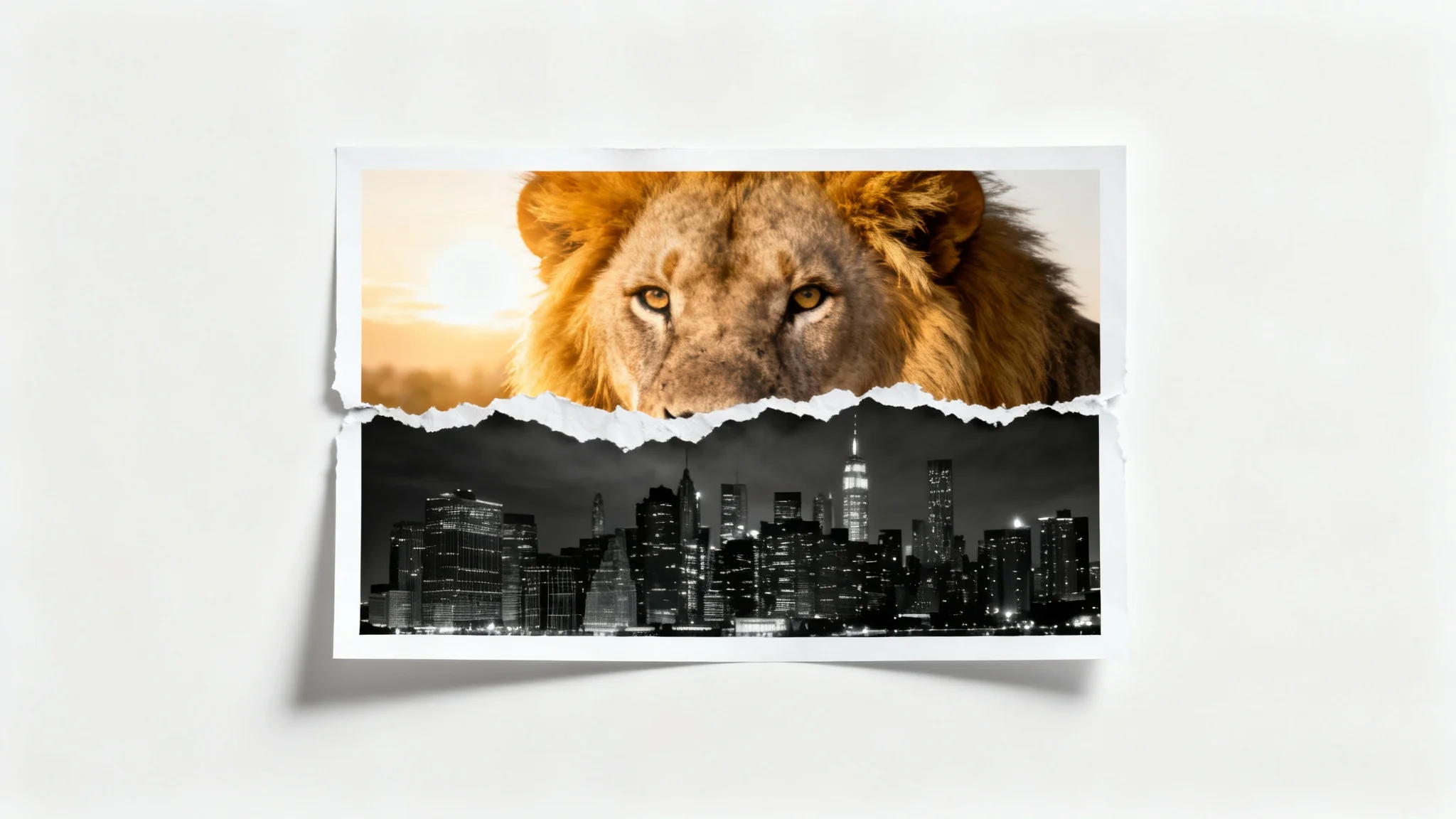 A conceptual photo collage illustrating an image combiner, where the top half of a lion's face is seamlessly merged with the bottom half of a black and white city skyline, set against a white background.