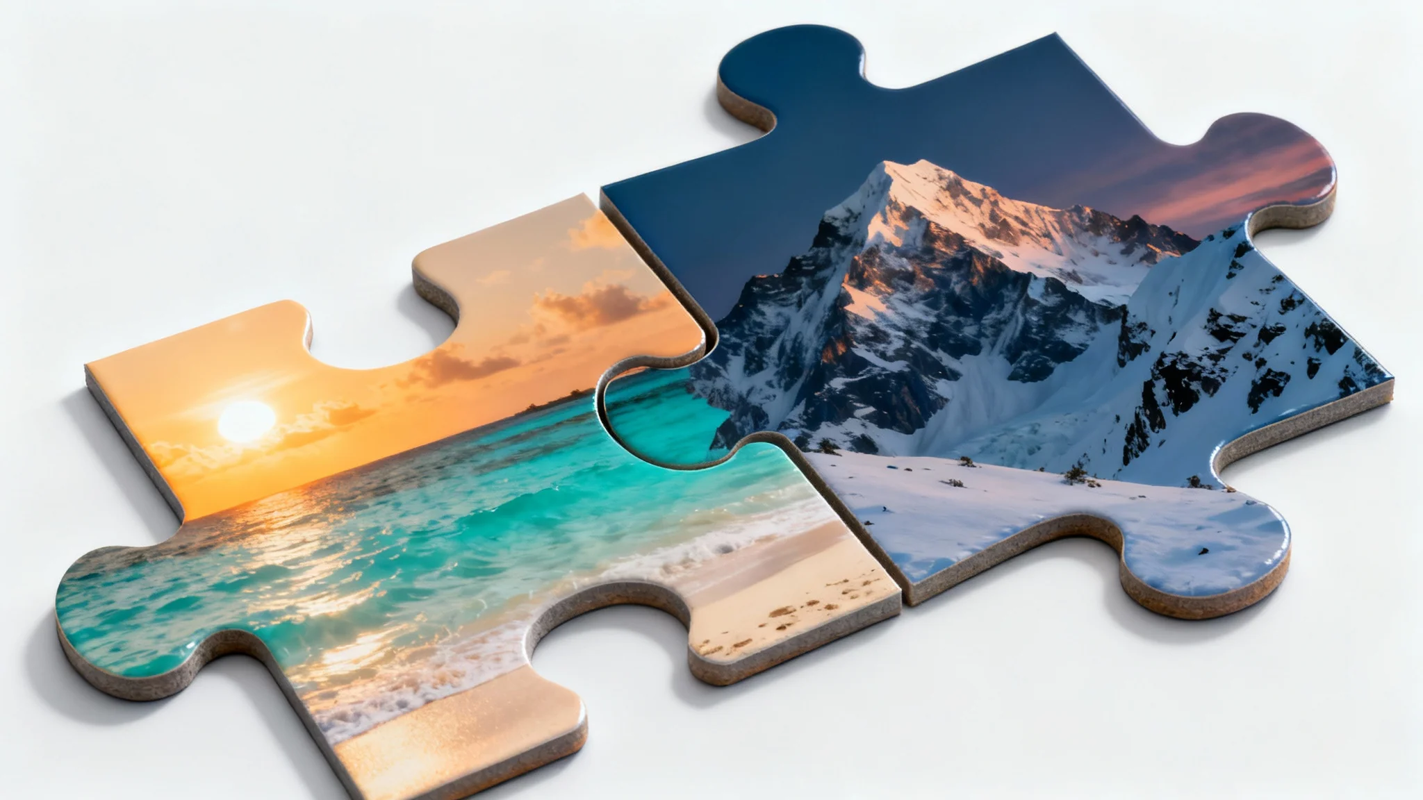 Two puzzle pieces, one showing a tropical beach and the other a snowy mountain, fitting together to symbolize an image combiner tool.