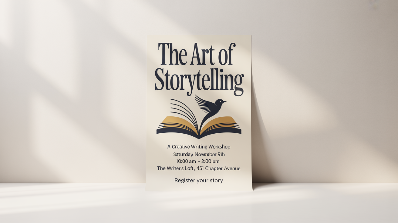 A mockup of a modern poster for a creative writing workshop titled 'The Art of Storytelling'. The poster has navy blue and gold accents and features a graphic of an open book. Event details are clearly listed.