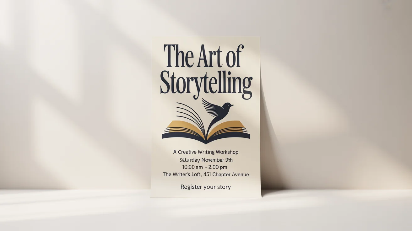 A mockup of a modern poster for a creative writing workshop titled 'The Art of Storytelling'. The poster has navy blue and gold accents and features a graphic of an open book. Event details are clearly listed.