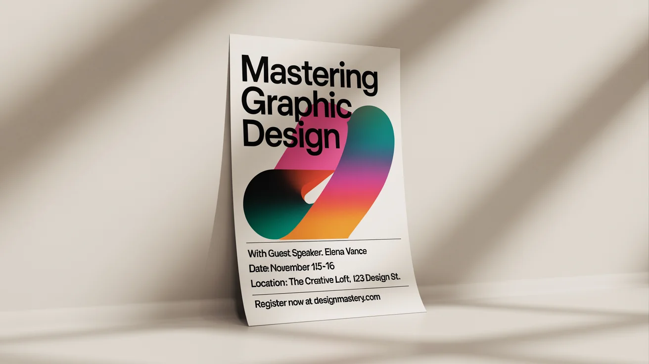 A modern graphic design workshop poster mockup featuring abstract shapes and vibrant colors, advertising a workshop with speaker Elena Vance. The poster is displayed against a clean white background.