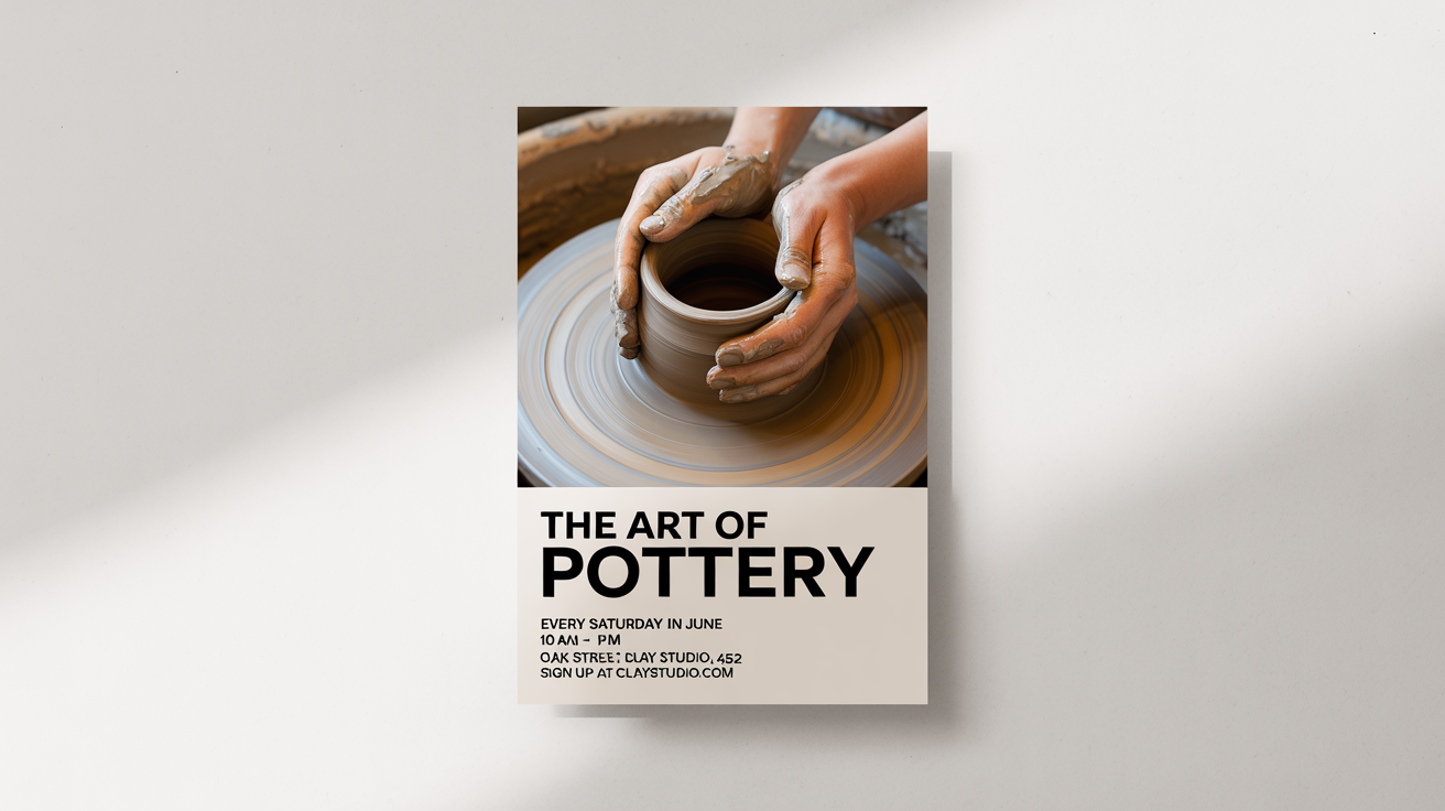 A mockup of a modern workshop poster for 'The Art of Pottery', featuring a photo of hands shaping clay and event details, set against a white background.