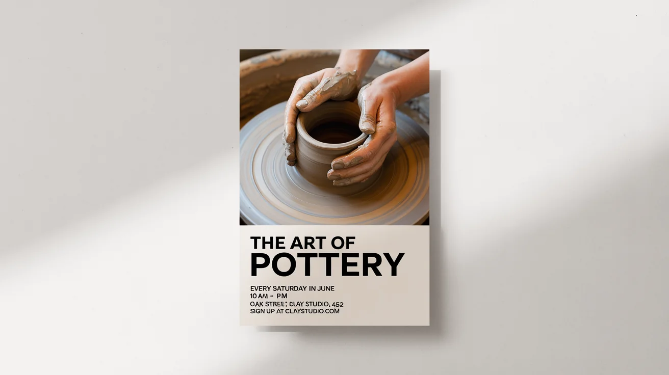 A mockup of a modern workshop poster for 'The Art of Pottery', featuring a photo of hands shaping clay and event details, set against a white background.