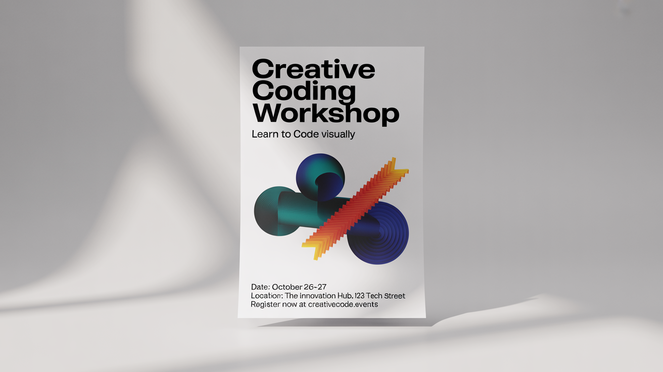 A modern workshop poster for a 'Creative Coding Workshop'. The design is clean with abstract geometric shapes and legible text detailing the event.