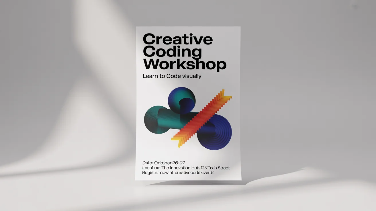 A modern workshop poster for a 'Creative Coding Workshop'. The design is clean with abstract geometric shapes and legible text detailing the event.