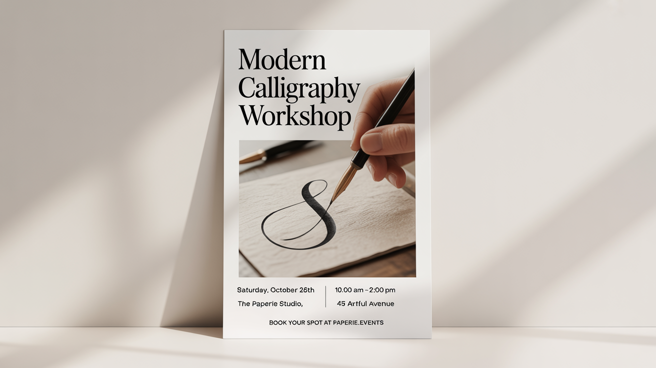 A professional mockup of a modern calligraphy workshop poster, featuring elegant typography and an image of a hand writing with a calligraphy pen, displayed against a plain white background.