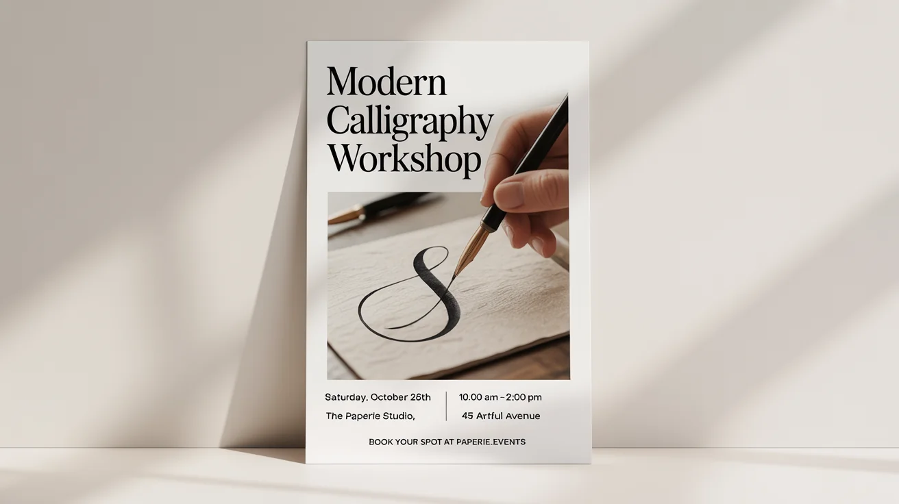 A professional mockup of a modern calligraphy workshop poster, featuring elegant typography and an image of a hand writing with a calligraphy pen, displayed against a plain white background.