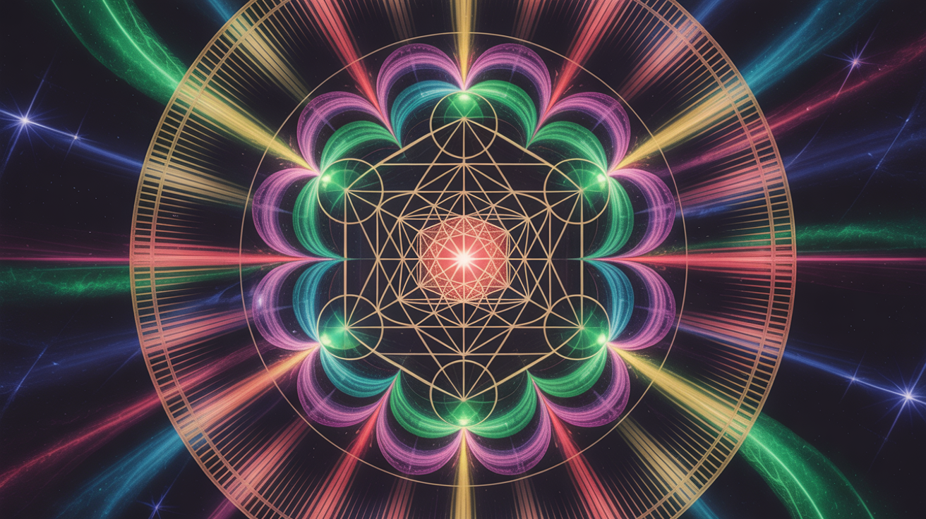 A finished digital artwork of a sacred geometry design, featuring a glowing gold Flower of Life pattern against a deep blue background, symbolizing a spiritual and harmonious final result.