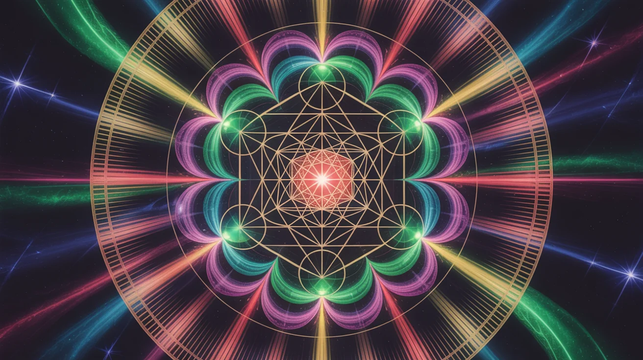 A finished digital artwork of a sacred geometry design, featuring a glowing gold Flower of Life pattern against a deep blue background, symbolizing a spiritual and harmonious final result.