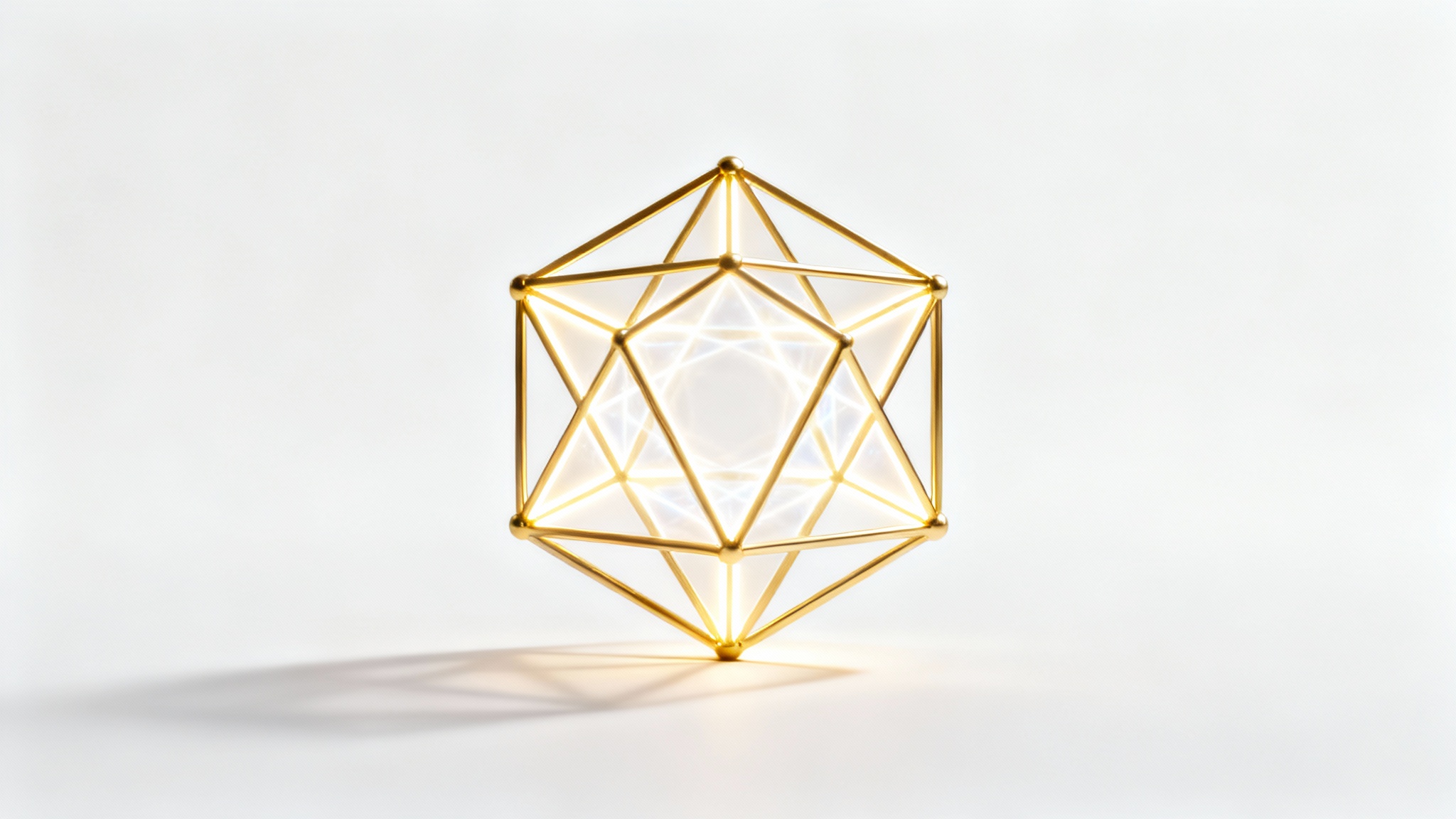 An intricate, gold Metatron's Cube sacred geometry symbol glowing softly on a clean white background, representing spiritual and metaphysical design.