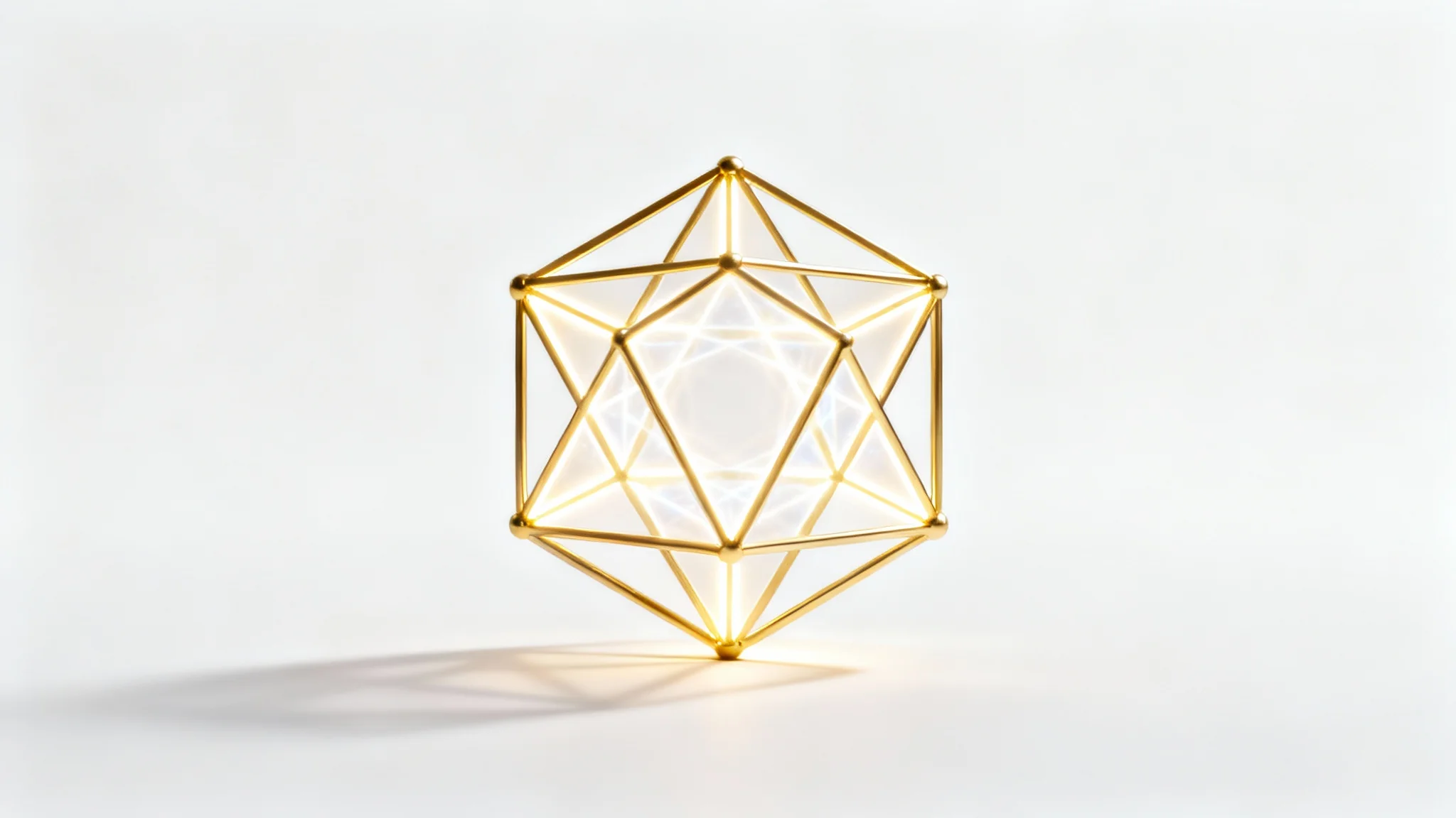 An intricate, gold Metatron's Cube sacred geometry symbol glowing softly on a clean white background, representing spiritual and metaphysical design.