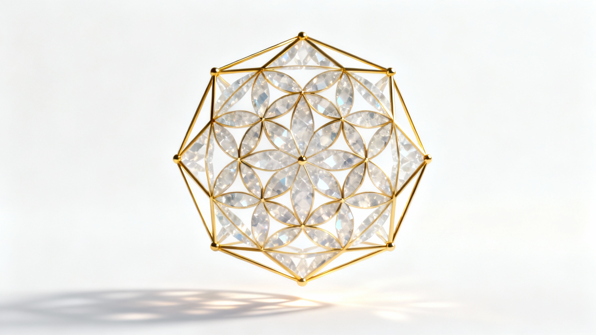A 3D rendering of a complex sacred geometry mandala, featuring the Flower of Life, made from gold and crystal, floating against a clean white background.