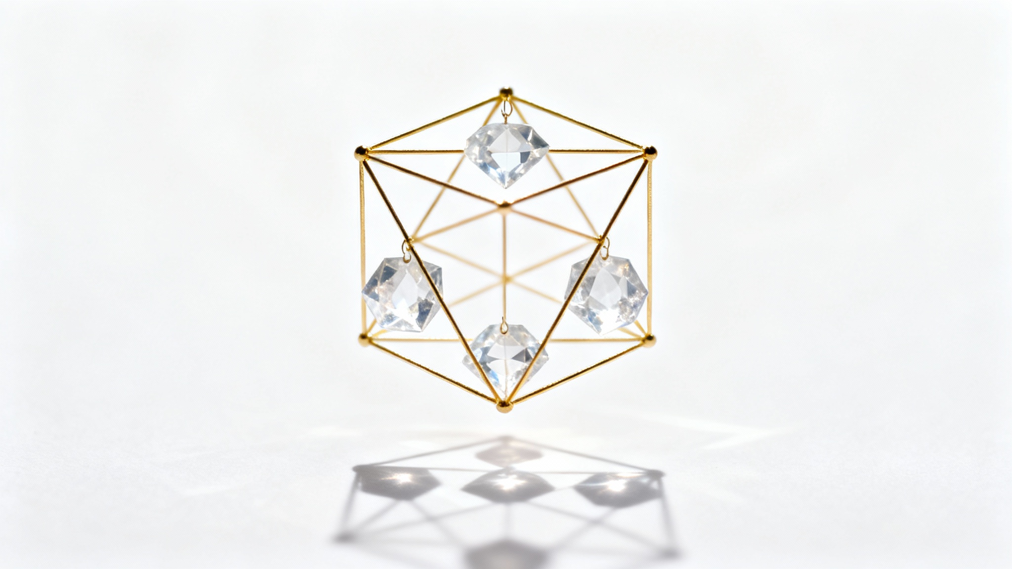 A photorealistic image of Metatron's Cube, rendered in polished gold, floating above a white surface. Inside the geometric structure, the five Platonic solids are visible as clear crystal shapes.
