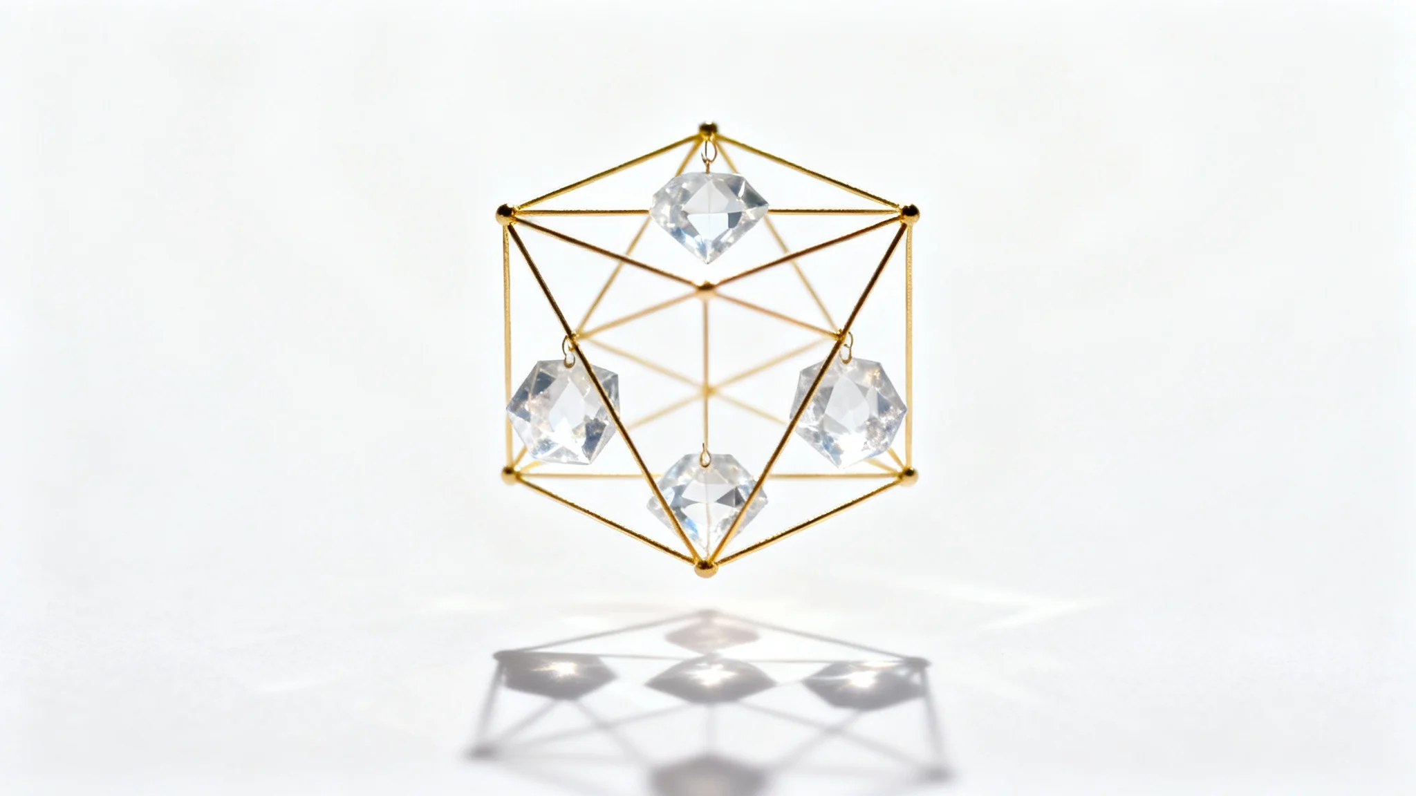 A photorealistic image of Metatron's Cube, rendered in polished gold, floating above a white surface. Inside the geometric structure, the five Platonic solids are visible as clear crystal shapes.