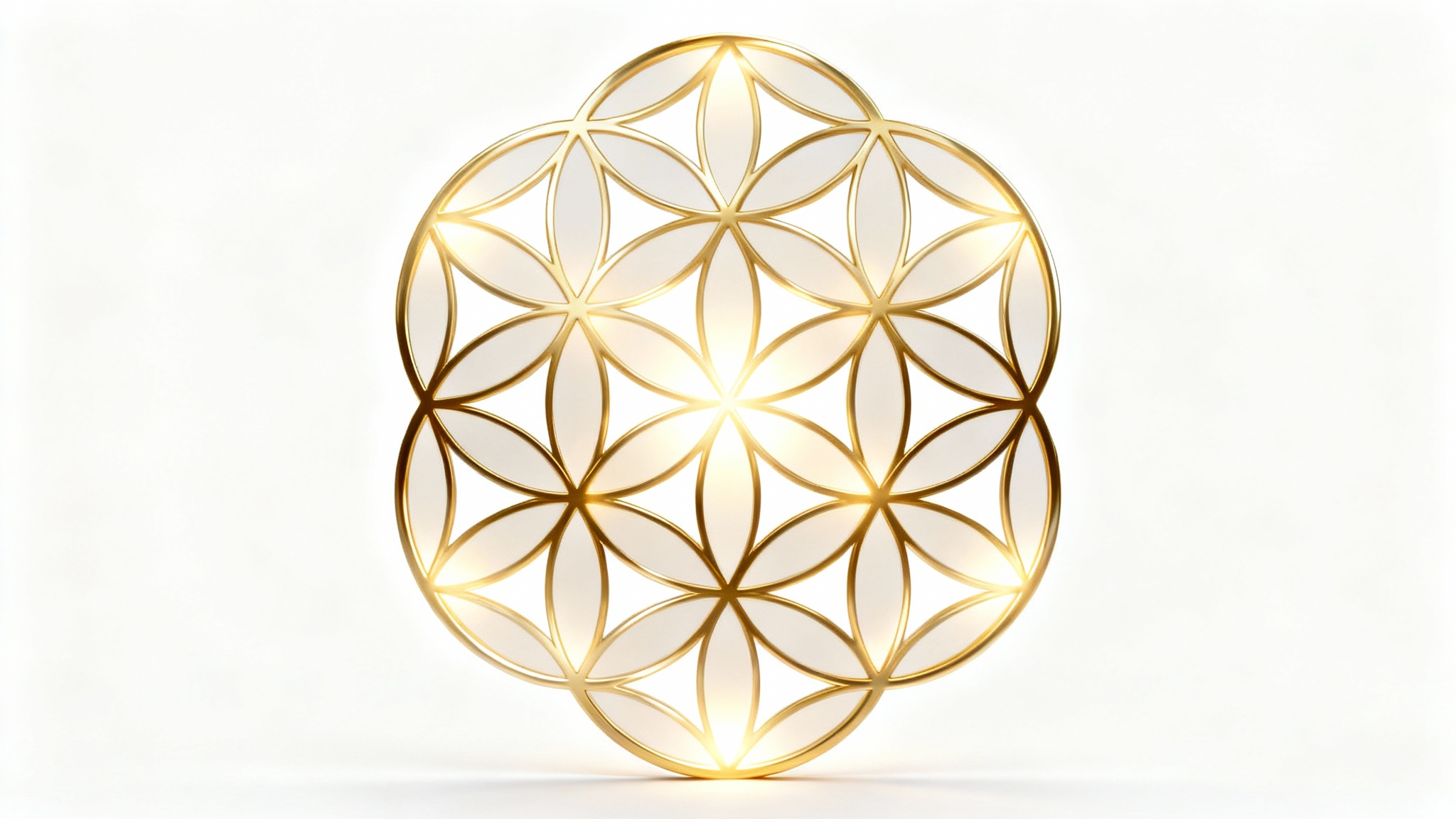 A minimalist digital illustration of the Flower of Life sacred geometry symbol, rendered in elegant, shimmering gold lines against a clean white background.