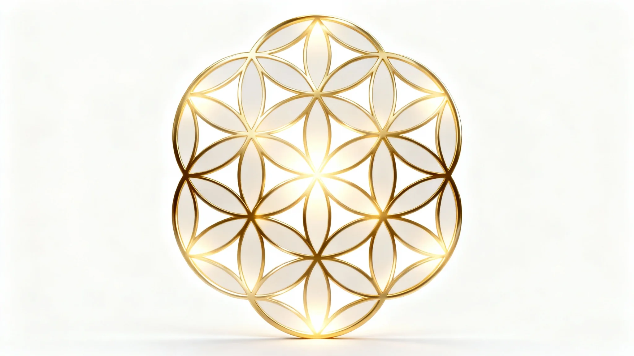 A minimalist digital illustration of the Flower of Life sacred geometry symbol, rendered in elegant, shimmering gold lines against a clean white background.