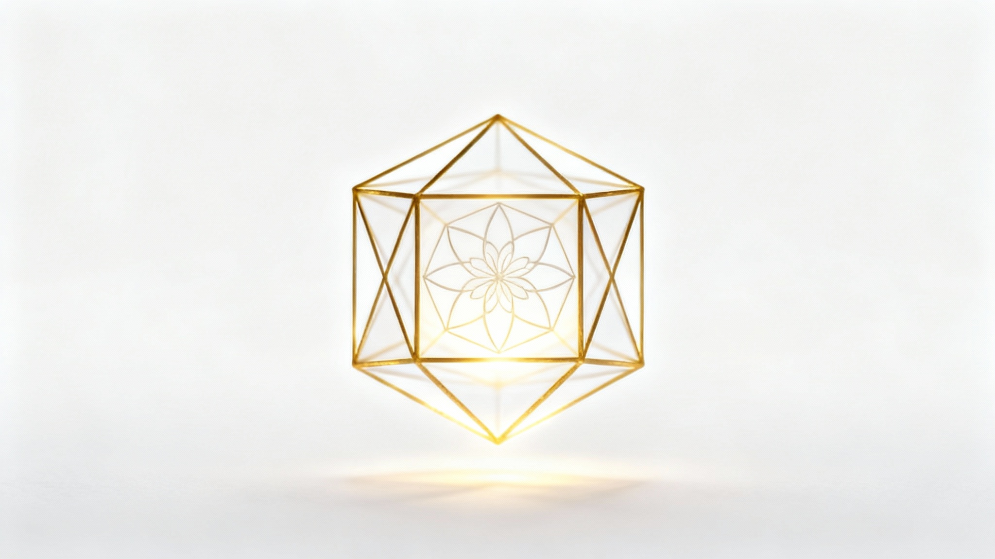 A close-up, photorealistic image of a glowing golden Metatron's Cube, with the Flower of Life pattern visible within it, floating against a clean white background.