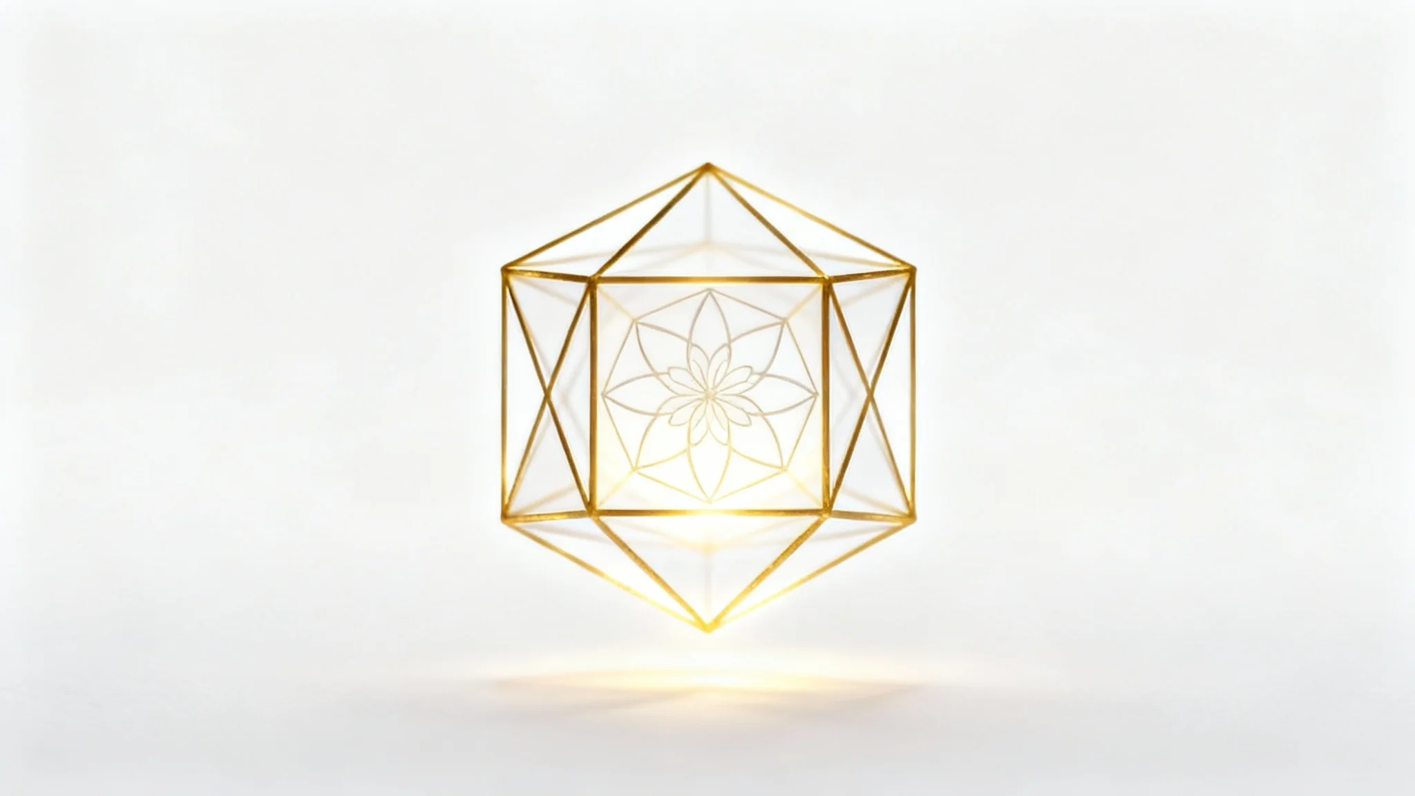A close-up, photorealistic image of a glowing golden Metatron's Cube, with the Flower of Life pattern visible within it, floating against a clean white background.