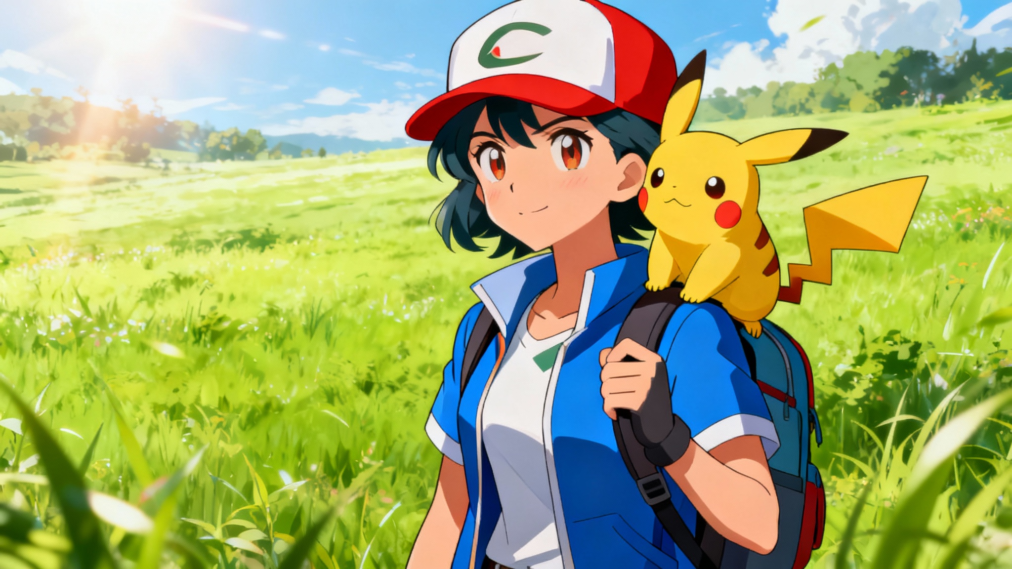 A vibrant anime-style illustration of a female Pokémon trainer with a Pikachu on her shoulder, standing in a sunny field, representing the final generated character.
