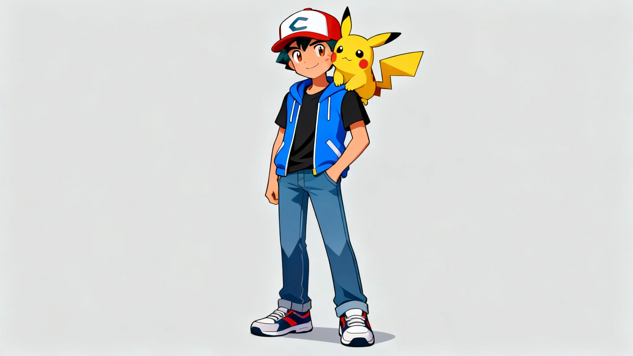 A digital illustration of a young male Pokémon trainer standing confidently on a light gray background, with a Pikachu perched on his shoulder.