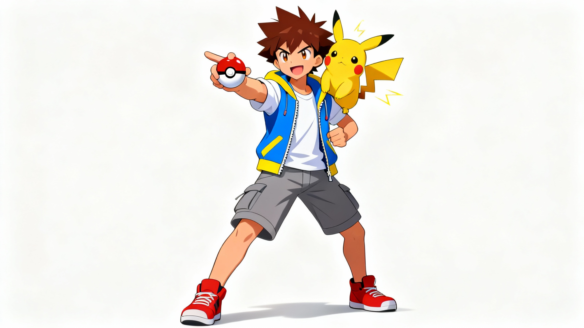 A full-body anime-style illustration of a male Pokémon trainer in a blue hoodie holding a Poké Ball, with a Pikachu on his shoulder, against a solid white background.