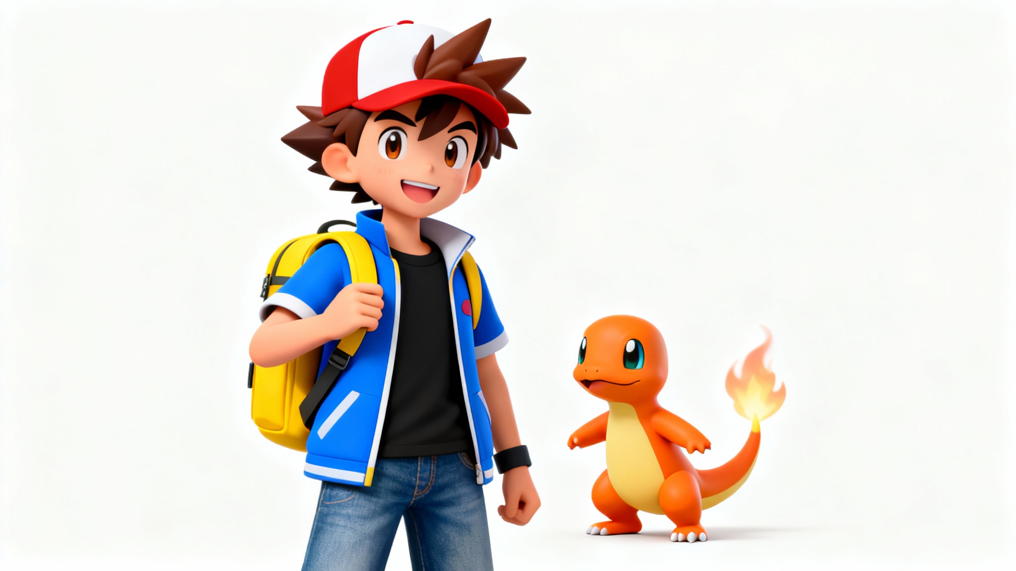 A 3D render of a young anime-style Pokémon trainer standing with his small, orange, fire-tailed creature companion against a white background.