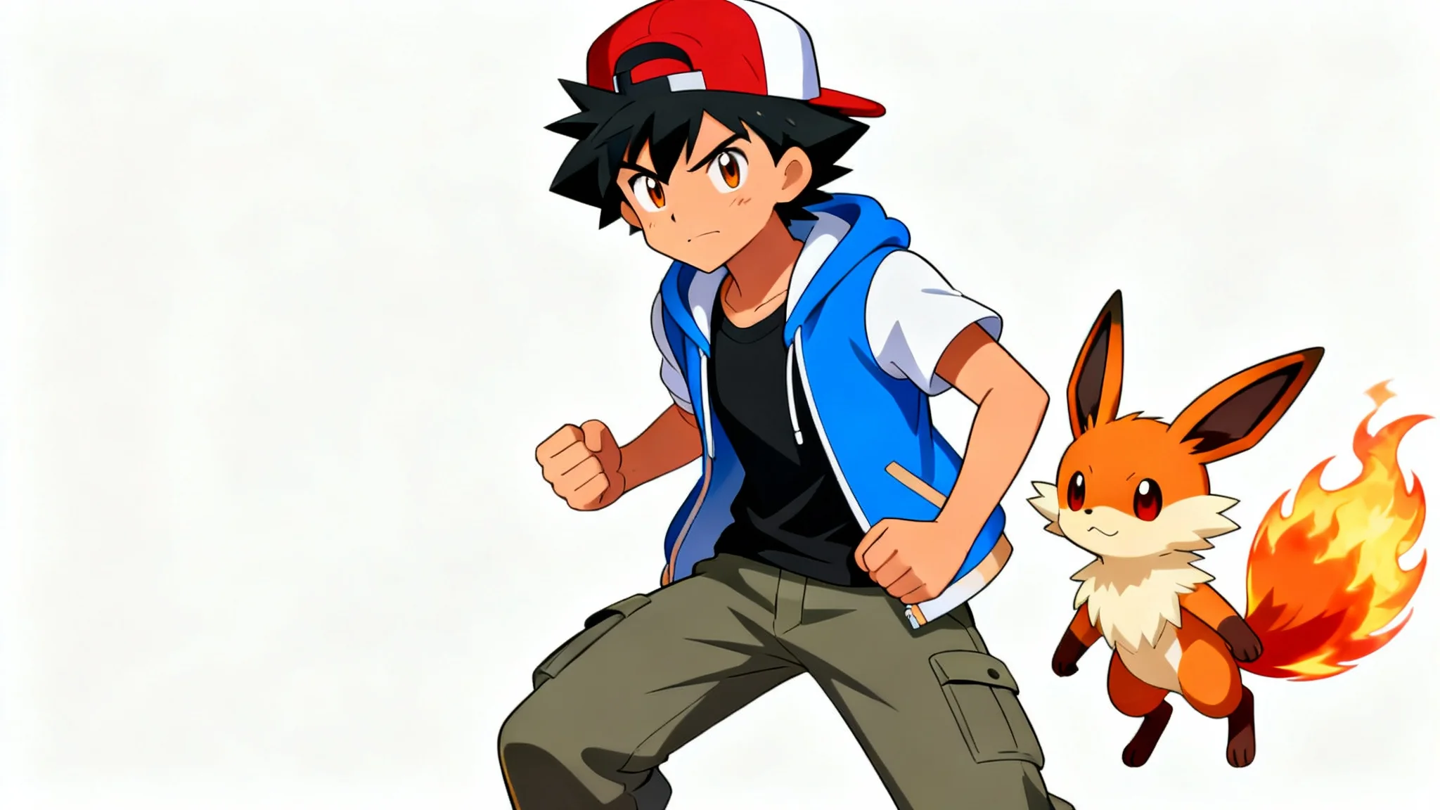 A full-body illustration of a male anime-style pokemon trainer in a dynamic pose against a white background, with a small, cute, fire-themed creature by his side.