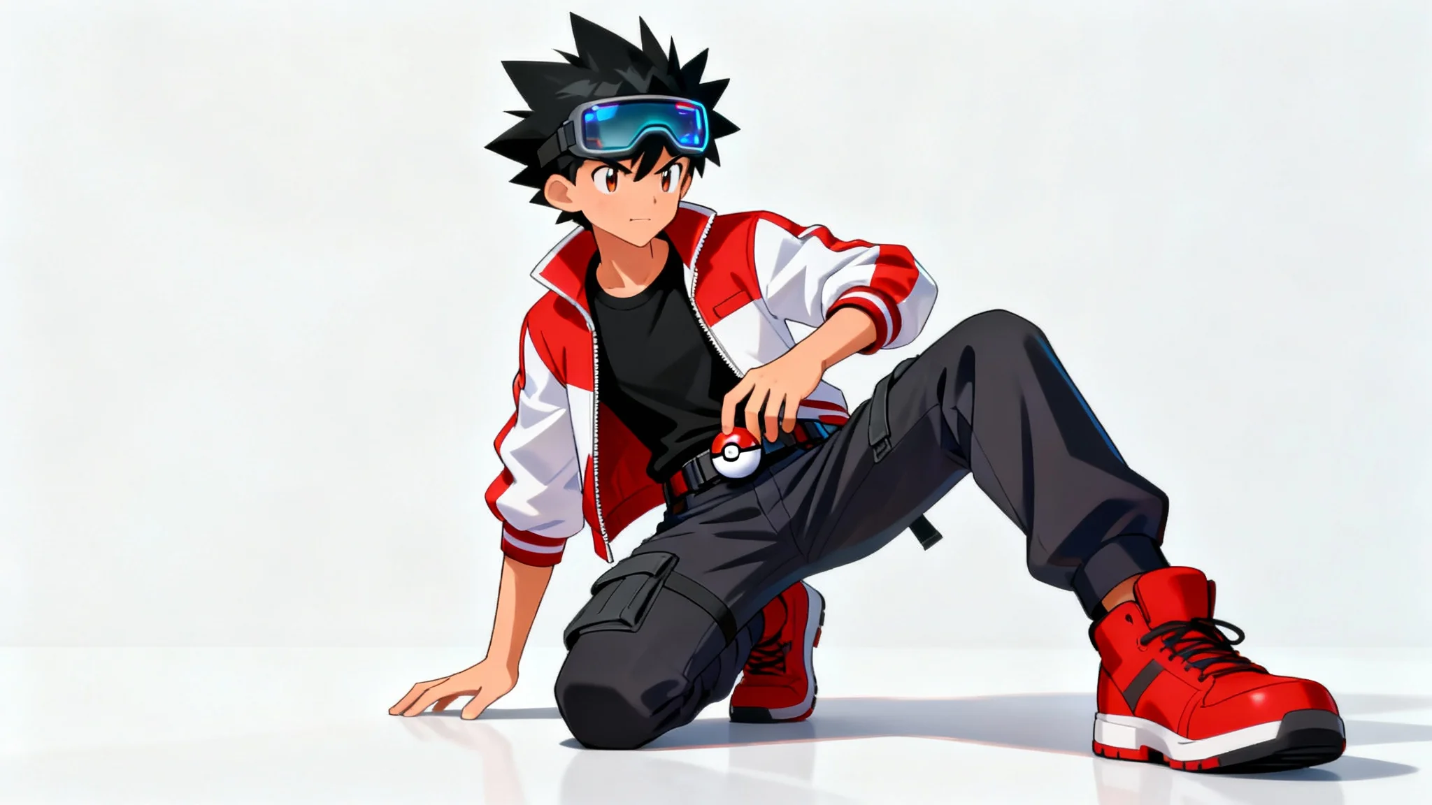 A full-body concept art illustration of a male pokemon trainer in a dynamic pose against a white background. He is wearing a red and white jacket and a high-tech visor, looking ready for a battle.